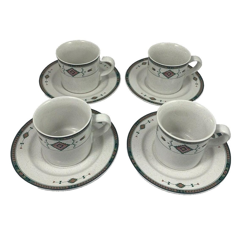 STUDIO NOVA Adirondak Cups & Saucers Y2216 Southwestern/Aztec Stoneware  Set 4
